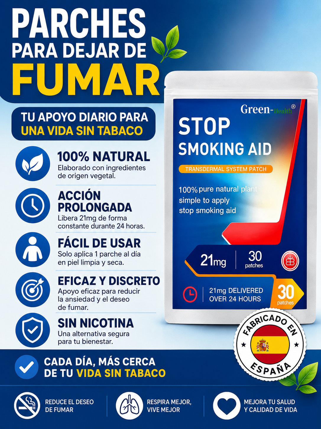 Parches para dejar de fumar de 21 mg, fácil y eficaz.