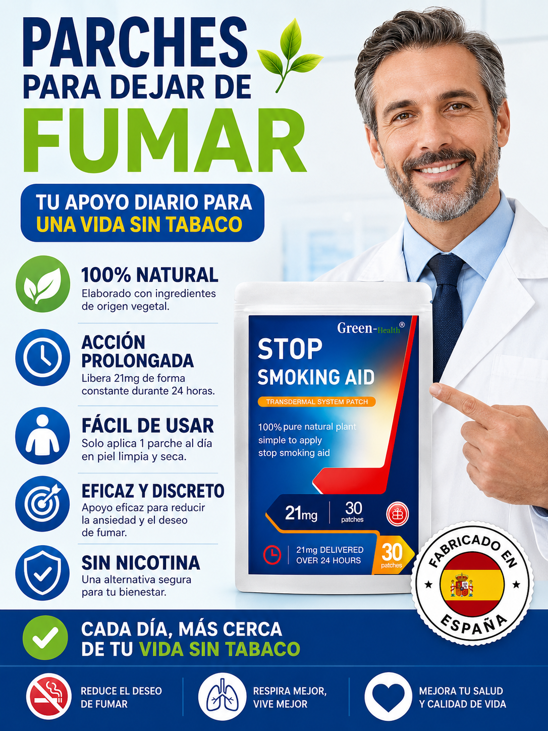 Parches para dejar de fumar de 21 mg, fácil y eficaz.